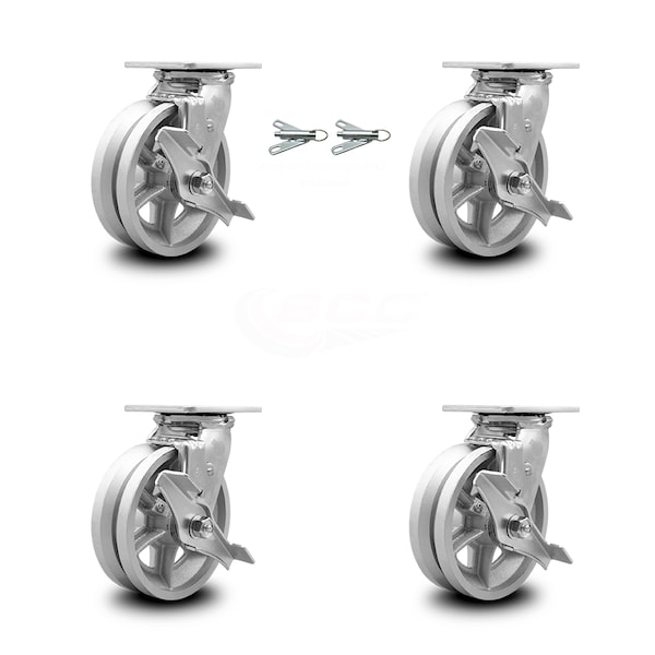 Service Caster 6 Inch V Groove Semi Steel Caster Set with Roller Bearings 4 Brake 2 Swivel Lock SCC-30CS620-VGR-TLB-BSL-2-TLB-2 - main